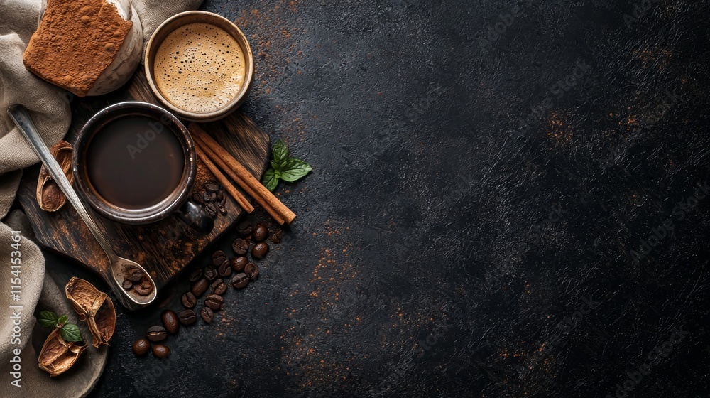 Rustic coffee setup with beans and spices Rustic coffee setup with beans and spices