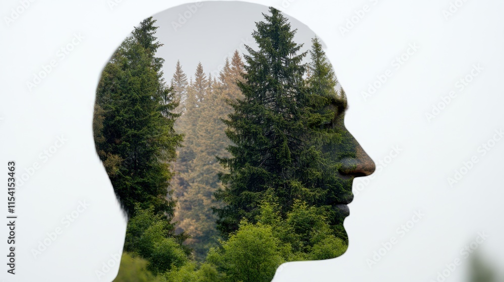 A serene double exposure merges a man's silhouette with lush pine trees, symbolizing unity with nature and a peaceful connection to the environment. A serene double exposure merges a man's silhouette with lush pine trees, symbolizing unity with nature and a peaceful connection to the environment.