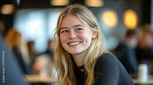 Wallpaper Mural Smiling Young Woman in Casual Setting Torontodigital.ca
