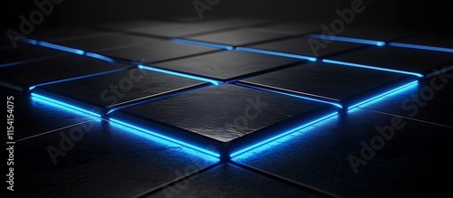 Futuristic neon-blue lines crisscrossing on a sleek black backdrop, creating a glowing grid. photo