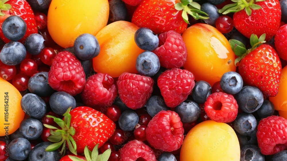 Close-up of assorted fresh berries and apricots.