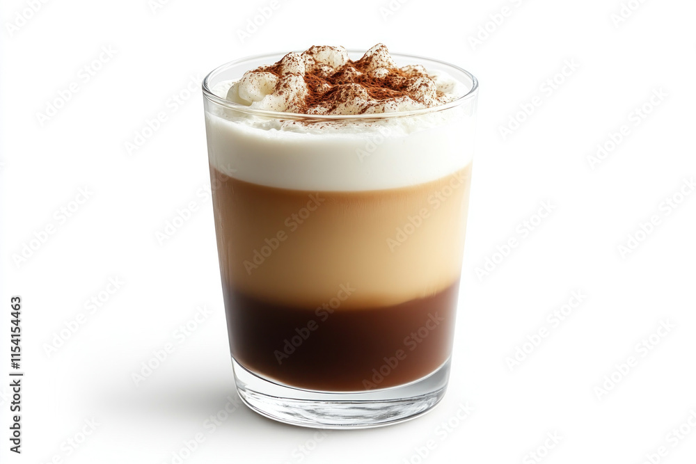 Glass of coffee topped with whipped cream and chocolate, on a wooden table with a blurred background of a cozy cafe setting. Glass of coffee topped with whipped cream and chocolate, on a wooden table with a blurred background of a cozy cafe setting.