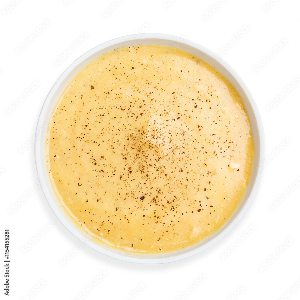 Cheese cream soup with black pepper, on a white background, isolated. Top view. Cheese cream soup with black pepper, on a white background, isolated. Top view.