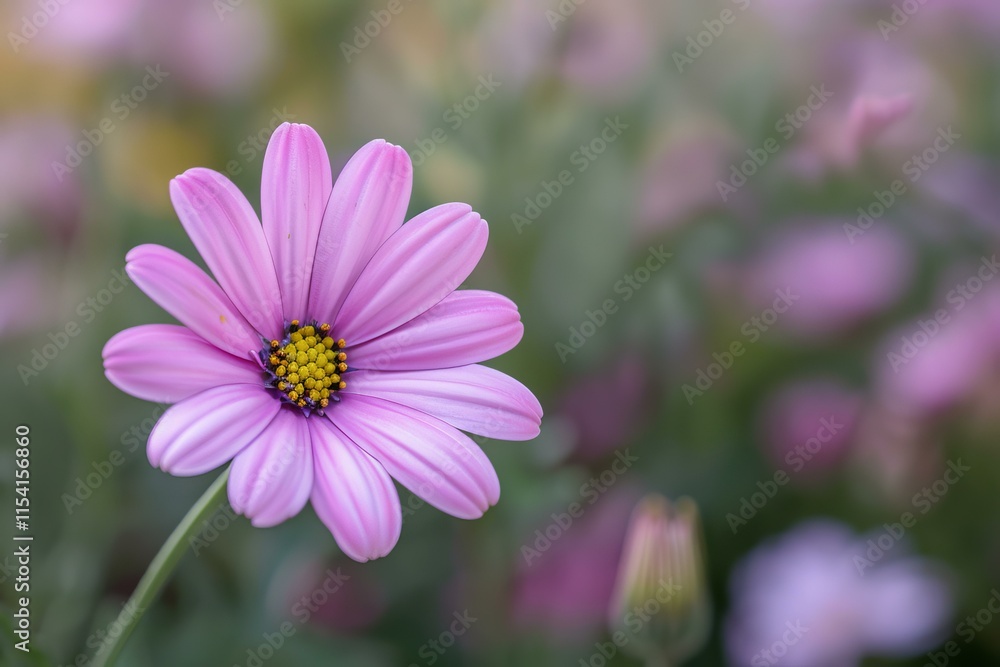 Close up of purple daisy with yellow center, blooming in garden with blurred background, showcasing beauty of nature Close up of purple daisy with yellow center, blooming in garden with blurred background, showcasing beauty of nature