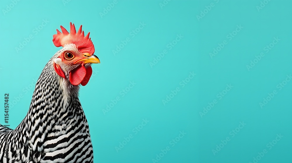 Side view of a rooster with zebra stripes on the left side on a baby, pastel blue background. Copy space, silly concept.