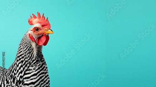 Obraz na płótnie Side view of a rooster with zebra stripes on the left side on a baby, pastel blue background. Copy space, silly concept. w salonie