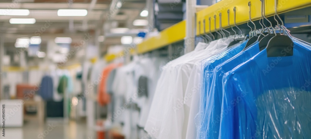 Many clothes are hanging in plastic wrap in a department store Many clothes are hanging in plastic wrap in a department store
