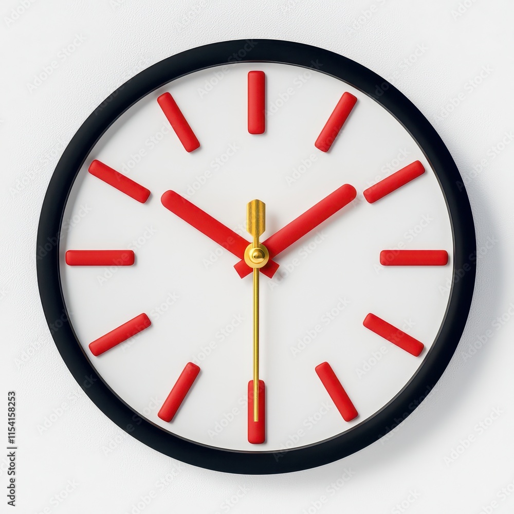 A modern wall clock with a minimalist design featuring red hour markers and hands on a white background and black frame. A modern wall clock with a minimalist design featuring red hour markers and hands on a white background and black frame.