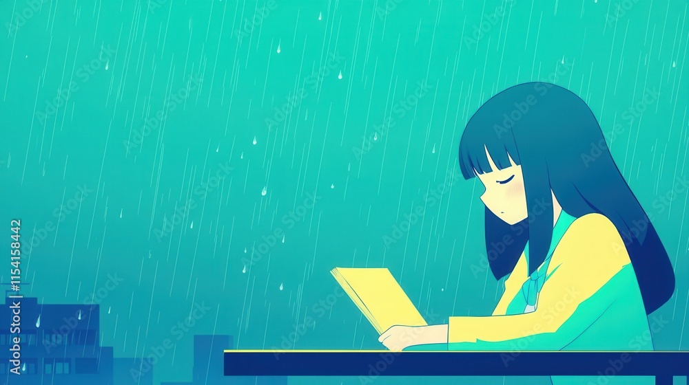 Young Girl Reading Book While it Rains Outside on a Calm Evening Young Girl Reading Book While it Rains Outside on a Calm Evening