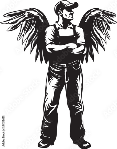 Farmer with Angel Wings Stylized Vector Illustration Graphic