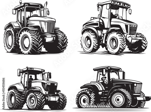 Farm Tractors Stylized Set Vector Illustration Graphic