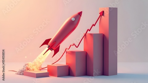 Soaring red rocket on a background of white clouds and a graph symbolizing technical progress and finances.

