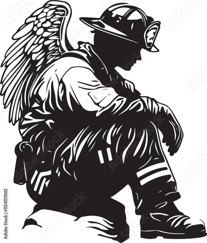 Firefighter Sitting with Angel Wings Stylized Silhouette Vector Illustration Graphic