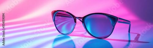 Stylish cat eye sunglasses placed on a reflective surface with colorful lighting effects in a modern setting. Generative AI