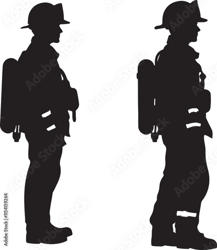 Firefighters Standing Side Profile Silhouette Vector Illustration Graphic