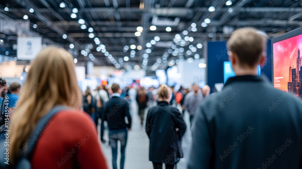 Crowd of attendees walking through a busy exhibition hall at a trade show during the day Crowd of attendees walking through a busy exhibition hall at a trade show during the day