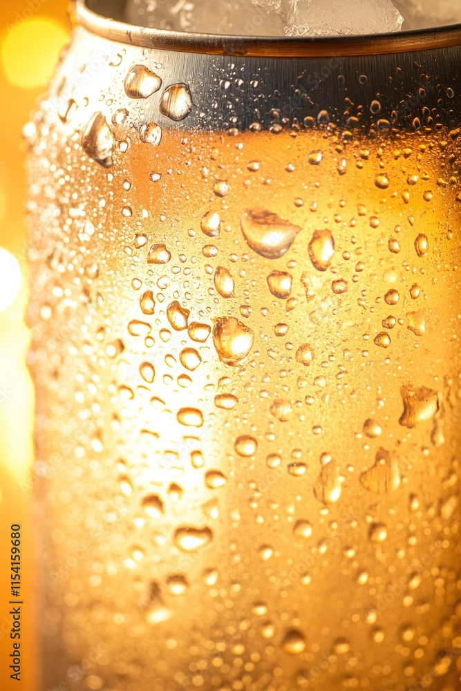 Refreshing golden beer can covered with condensation droplets Refreshing golden beer can covered with condensation droplets