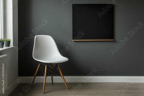 Modern interior design with magnetic chalkboard and minimalist white chair.