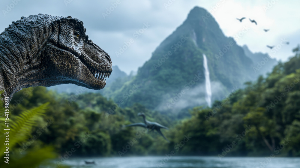 Dinosaur in a lush prehistoric landscape near a waterfall under a cloudy sky with distant flying creatures Dinosaur in a lush prehistoric landscape near a waterfall under a cloudy sky with distant flying creatures