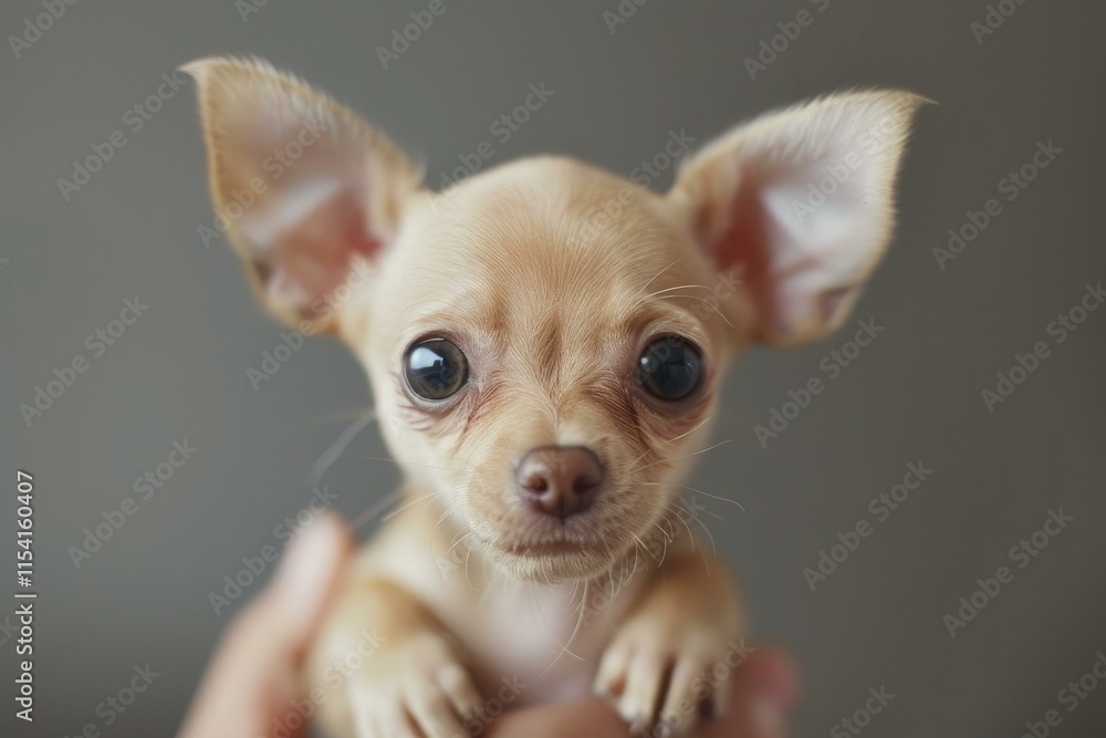 Small chihuahua puppy held in hands with big eyes and big ears looking forward on a gray background Small chihuahua puppy held in hands with big eyes and big ears looking forward on a gray background