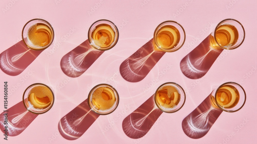 Overhead view of nine glasses of beer with unique shadows on pink background. Overhead view of nine glasses of beer with unique shadows on pink background.