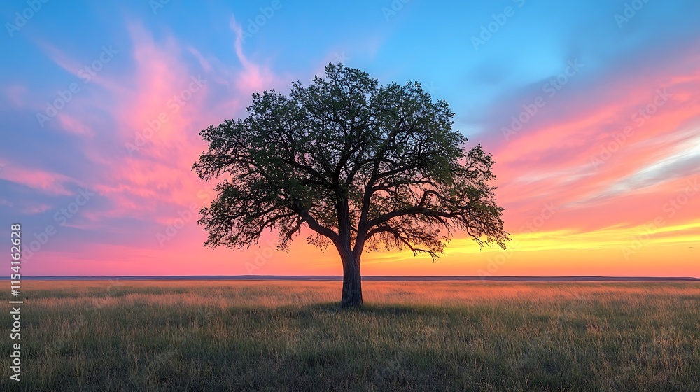 Fototapeta premium Solitary Tree Silhouetted Against a Vibrant Sunset Sky