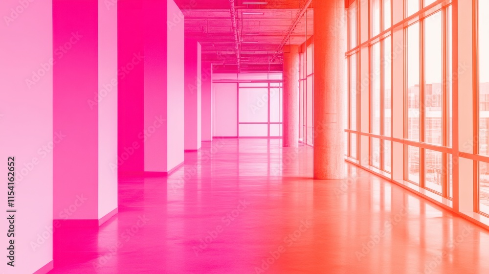 Modern Interior Space with Abstract Pink Lighting and Large Windows Modern Interior Space with Abstract Pink Lighting and Large Windows