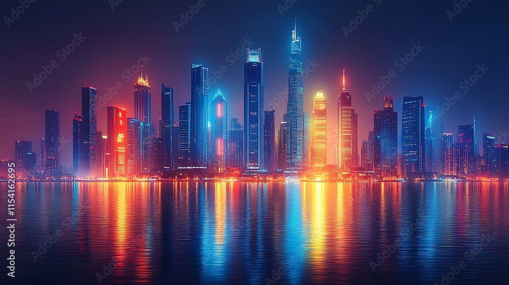 Vibrant Cityscape Illuminated at Night Reflecting in Water Vibrant Cityscape Illuminated at Night Reflecting in Water