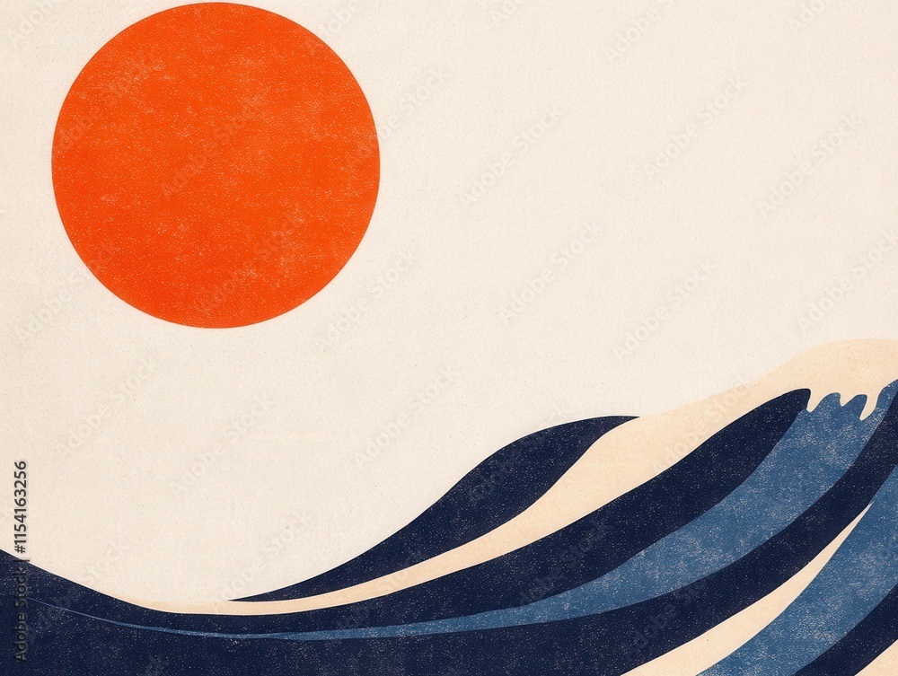 Abstract depiction of waves and sun with minimalist design aesthetic Abstract depiction of waves and sun with minimalist design aesthetic