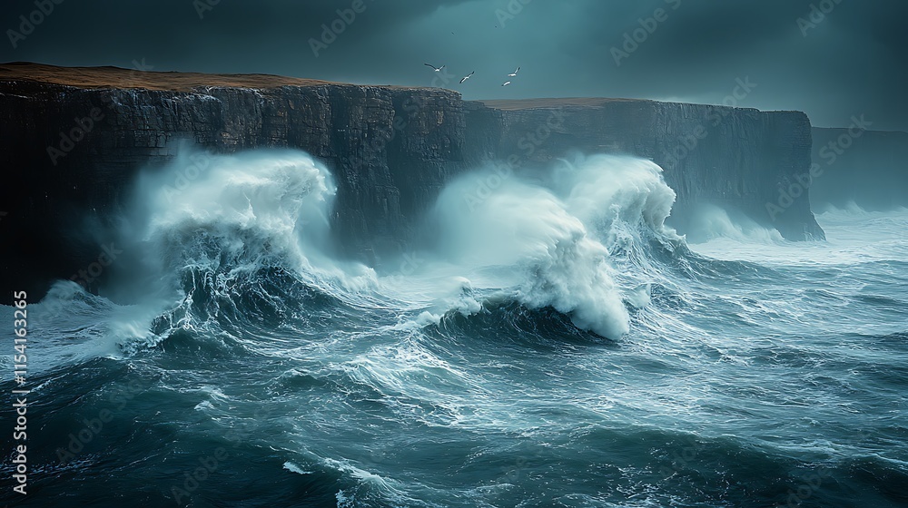 Obraz premium Dramatic ocean waves crashing against dark cliffs