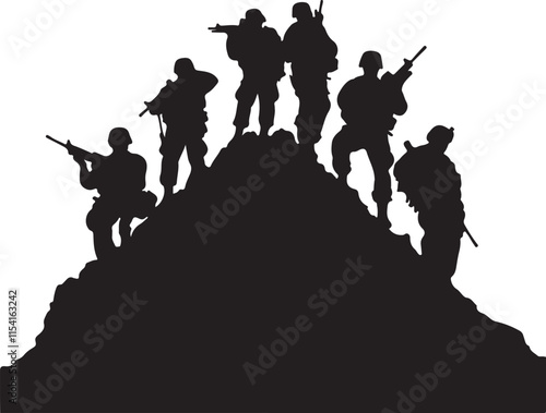 Group of Soldiers Stood on Top of a Hill Silhouette Vector Illustration Graphic