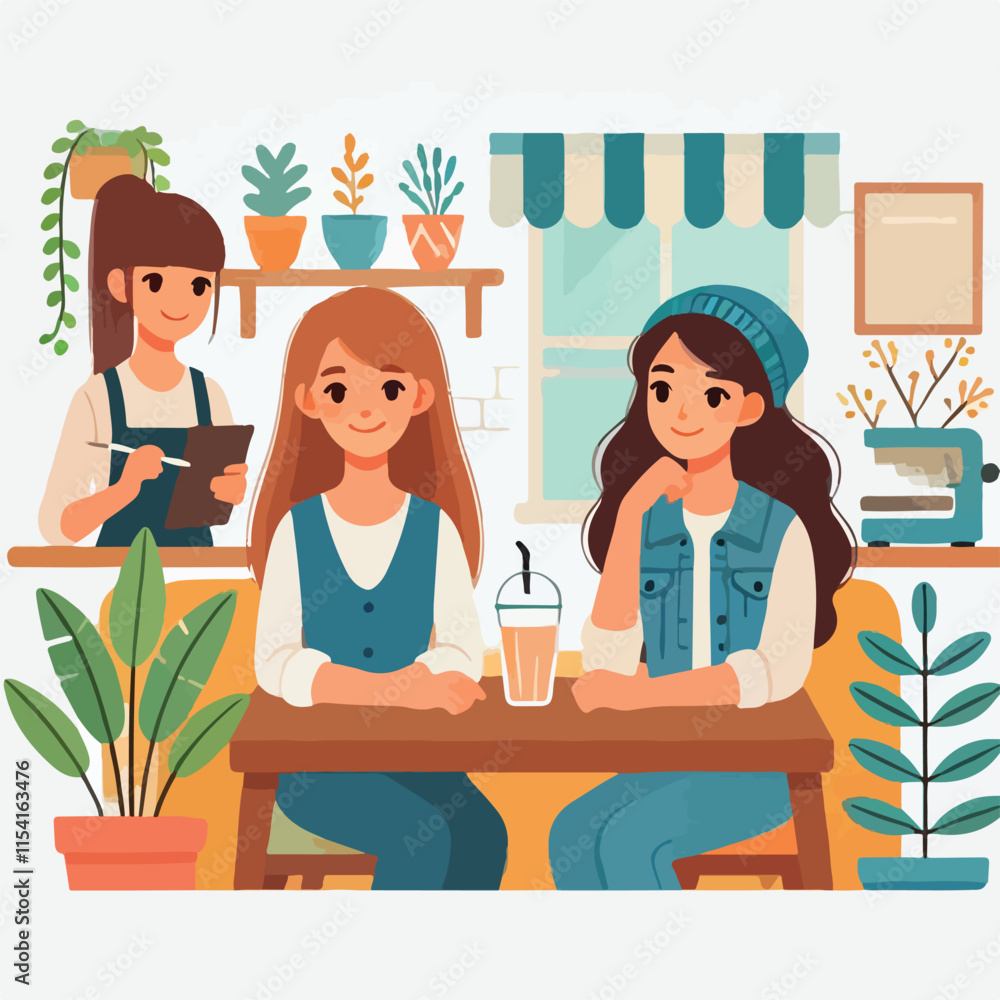 Flat young girl friends in cafe on meeting vector image vector on a white background Flat young girl friends in cafe on meeting vector image vector on a white background
