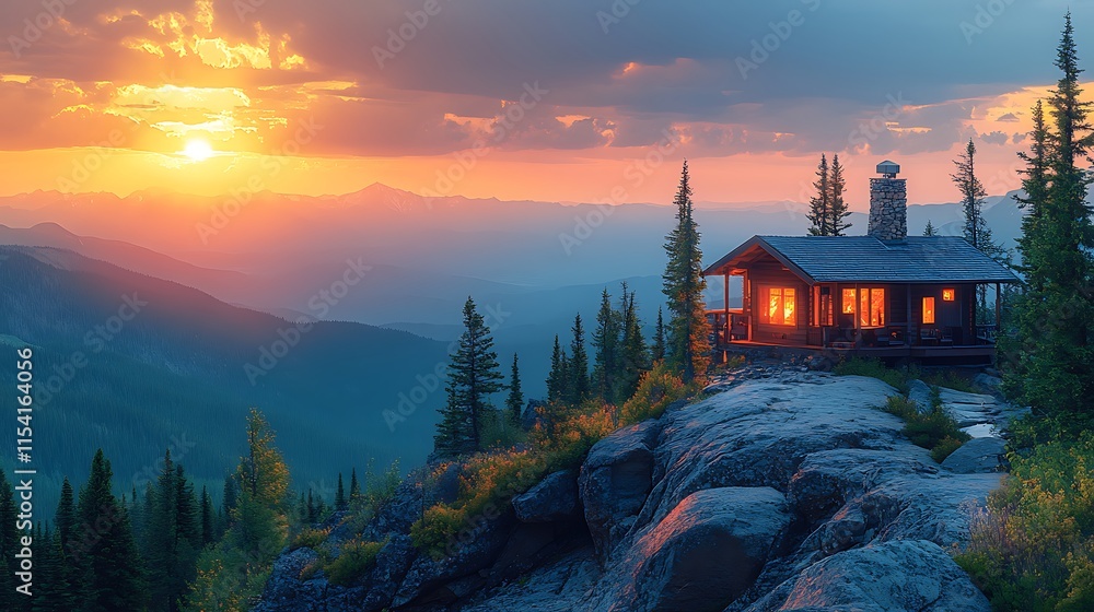 Naklejka premium Mountain Cabin Sunset Scenic Landscape View