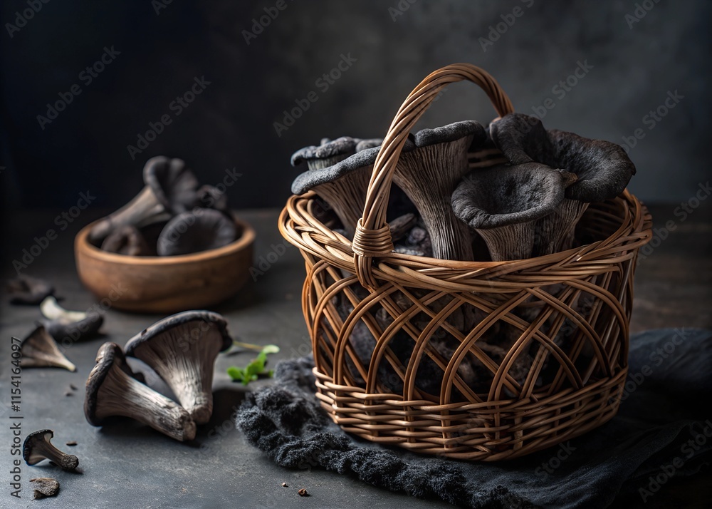 Obraz premium Many real Black trumpet (Craterellus cornucopioides) in basket on table