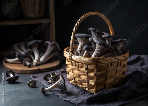 Many real Black trumpet (Craterellus cornucopioides) in basket on table photo