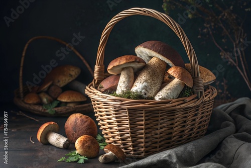 Many real Birch bolete (Leccinum scabrum) in basket on table photo