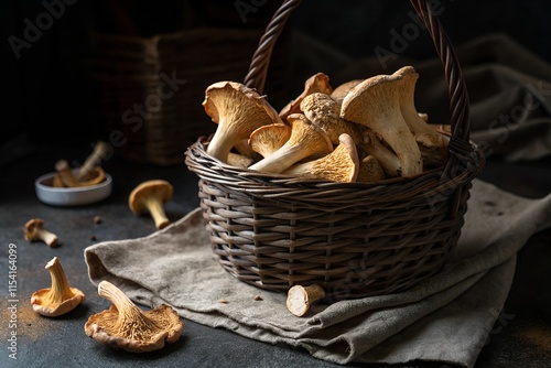 Many real Hedgehog mushroom (Hydnum repandum) in basket on table photo