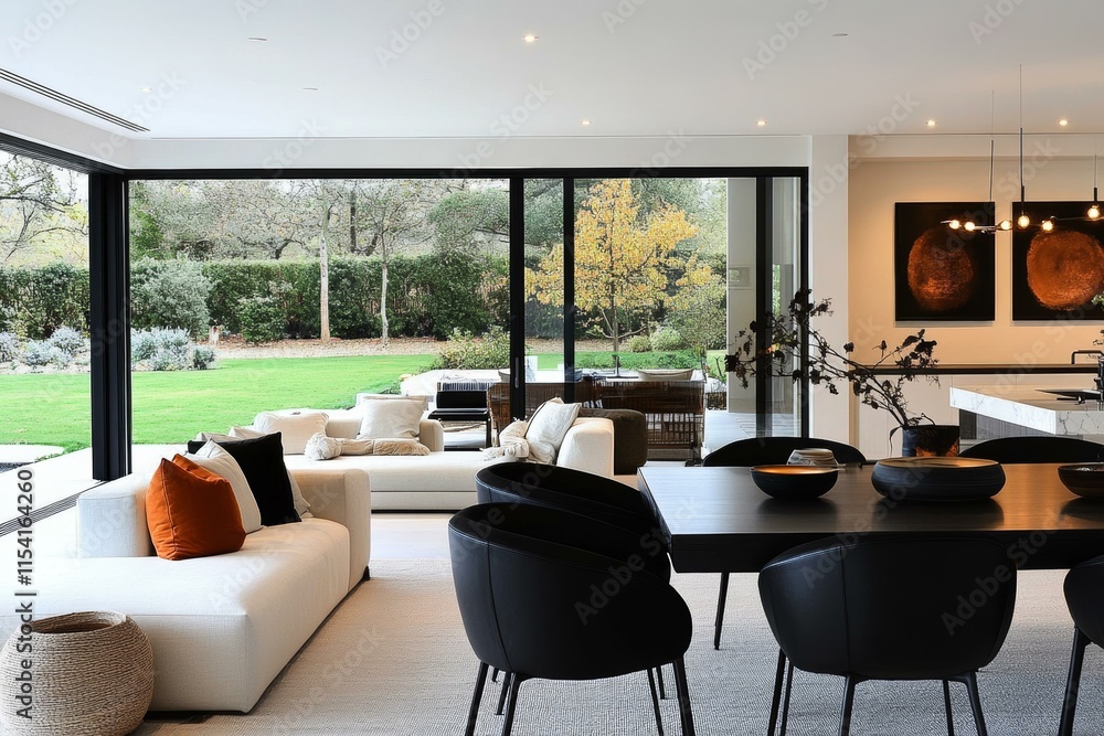 Fototapeta premium Modern Open-plan Living Dining Area with Garden View
