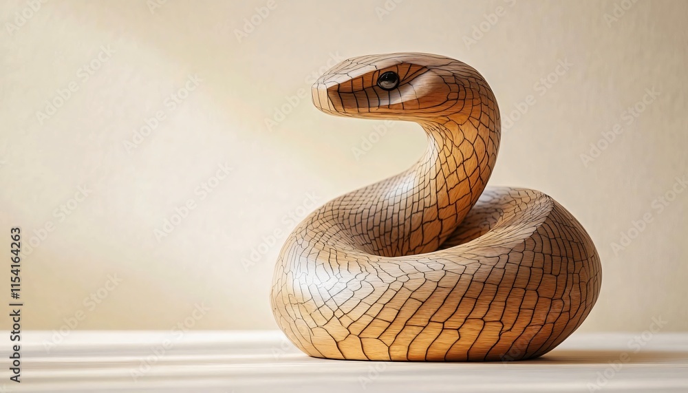Fototapeta premium Elegant wooden snake sculpture, perfect for Chinese New Year 2025 promotions, featuring intricate textures and ample copy space for modern designs.