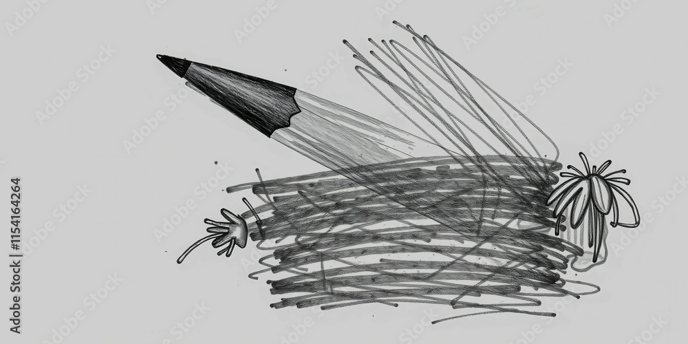 A pencil is shown with a sharpened point and a broken tip. The pencil is on a piece of paper with a drawing of a bird. The drawing is in black and white and has a very simple and minimalistic style A pencil is shown with a sharpened point and a broken tip. The pencil is on a piece of paper with a drawing of a bird. The drawing is in black and white and has a very simple and minimalistic style