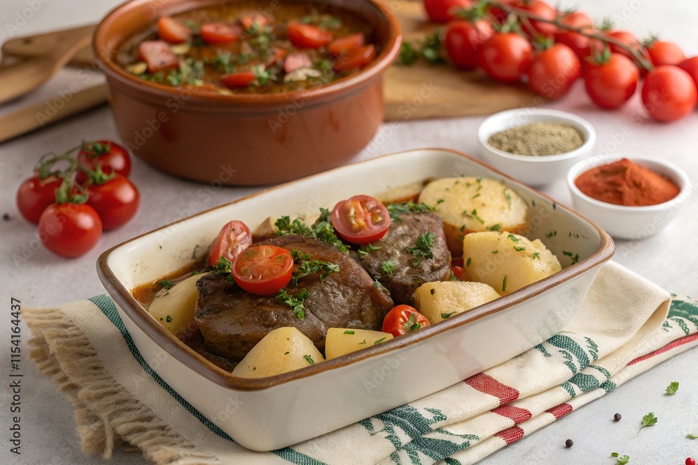Meat whit tomatos and potatoes on table Meat whit tomatos and potatoes on table