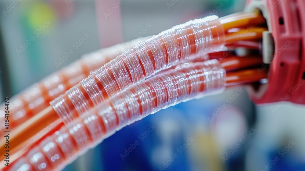 Close up of industrial cables wrapped in protective plastic sheeting Close up of industrial cables wrapped in protective plastic sheeting