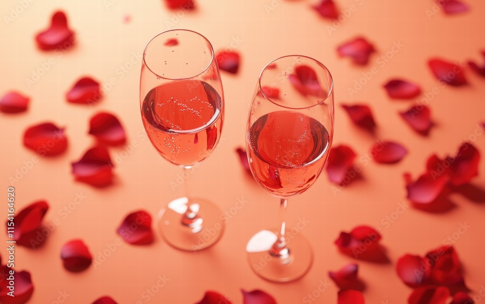 A pair of champagne glasses with red wine, surrounded by rose petals, celebrating valentines day, on a coral background A pair of champagne glasses with red wine, surrounded by rose petals, celebrating valentines day, on a coral background