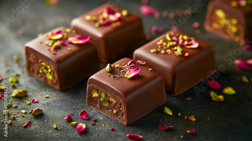 Decadent chocolate confections topped with pistachios and rose petals on a dark background