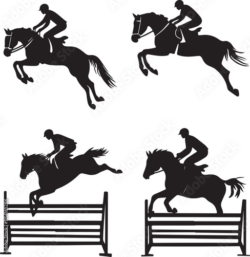 Horse and Jockey Jumping Silhouette Vector Illustration Graphic