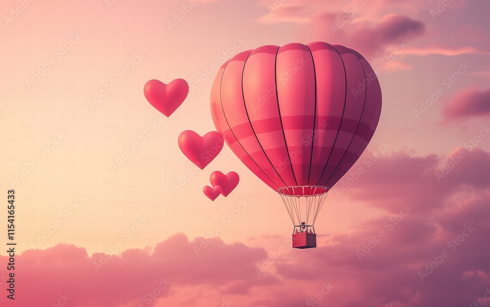 Fototapeta premium A romantic hot air balloon with hearts for Valentines Day in a pink sky