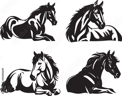 Horses Lying Down Silhouette Stencil Set Vector Illustration Graphic