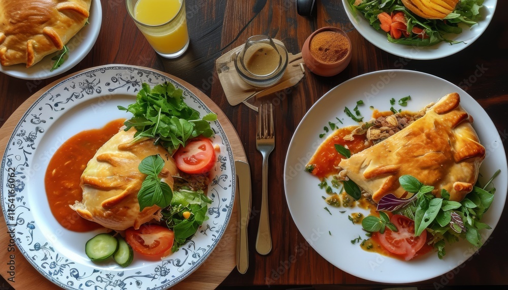 Upscale Brazilian Chicken Dinner with Colorful Salad and Refreshing Drink on Wooden Table Upscale Brazilian Chicken Dinner with Colorful Salad and Refreshing Drink on Wooden Table