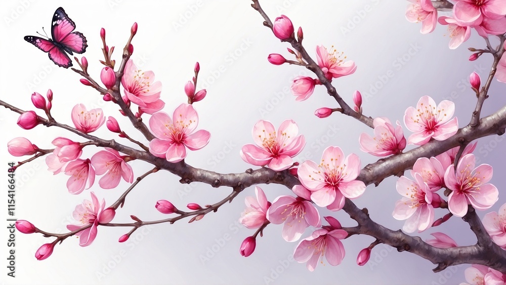 Playful elegance, plum tree branch with deep pink blossoms, faint impression of a butterfly in vibrant colors Playful elegance, plum tree branch with deep pink blossoms, faint impression of a butterfly in vibrant colors