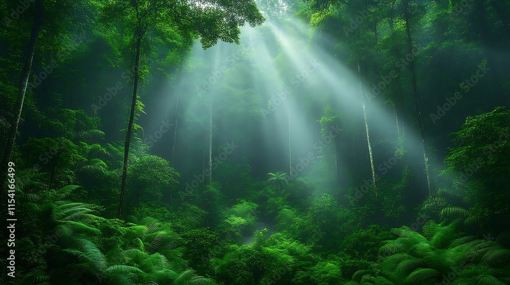 Sunbeams pierce through lush, misty rainforest canopy. Sunbeams pierce through lush, misty rainforest canopy.
